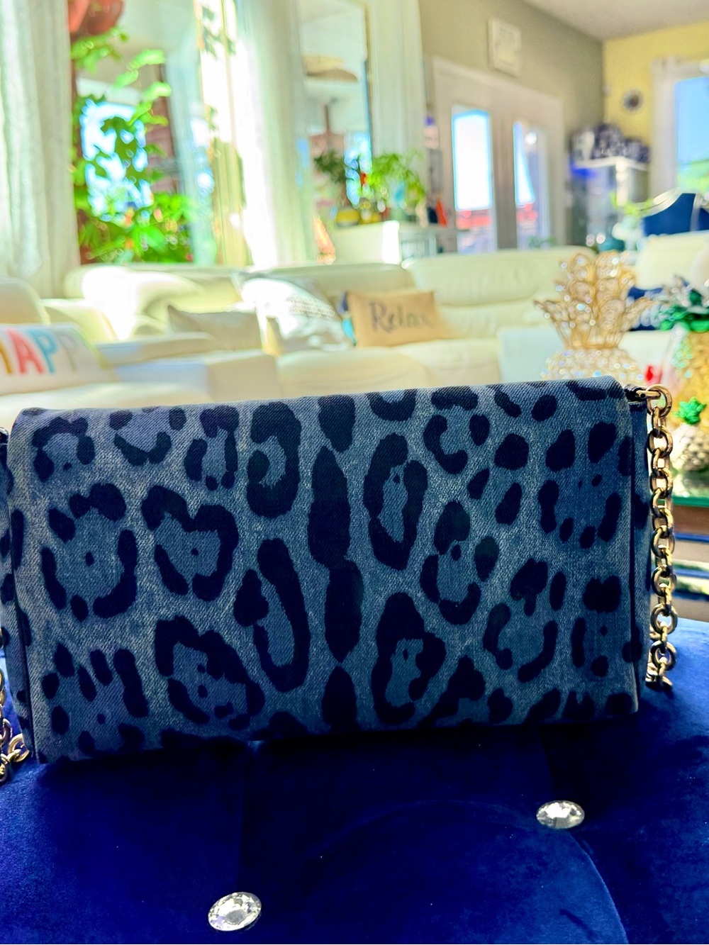 Authentic Dolce & Gabbana Denim Blue and Black Leopard Print Chain Crossbody Bag - Picture 2 of 4